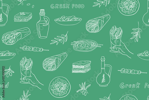 Seamless pattern of Greek food. Olive oil, souvlaki, pastitsio, gyrospita, greek salad, moussaka. Doodle. Isolated on green background