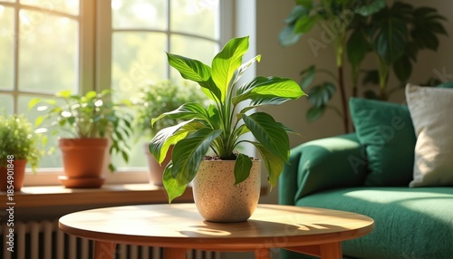 Potted green plant sits on wooden table in sunlit room. Rich leaves inside cozy home near sofa with pillows. Indoor green plants adds calm ambiance.