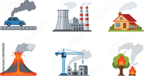 Pollution and emission sources illustration set, factories, vehicles, wildfires, volcano and construction smoke, environmental hazard icons for ecology themes