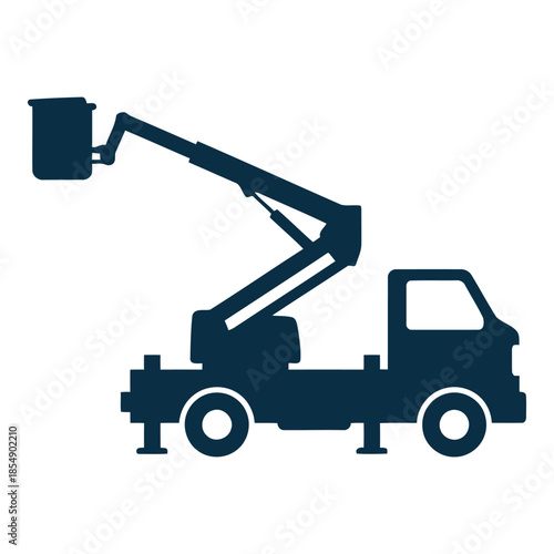 Dark blue silhouette of a cherry picker truck with extended boom and bucket isolated on for industrial or construction concepts