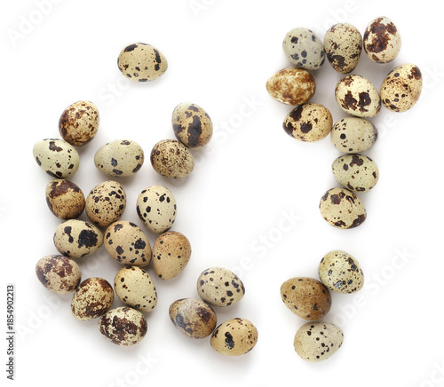 Quail eggs isolated on white background. Natural patterned farm quail eggs.
