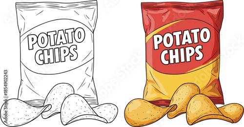 Potato chips bag packaging with crispy snack slices, colorful and outline sketch set, isolated on white background, cad drawing flat vector illustration.
