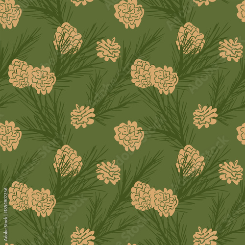 Seamless pattern with Christmas tree pine branches and pine cones. Xmas hand drawn fir evergreen print for textile, wrapping paper, Christmas decorations. Whimsical simple winter ornament