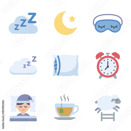Sleep Hygiene and Bedtime Routine Icons Set Including Sleeping Person Dream Clouds Alarm Clock Herbal Tea and Counting Sheep