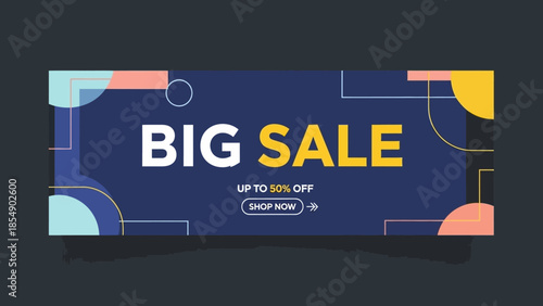 Corporate Big Sale Banner with Dark Blue Background and Colorful Geometric Accents