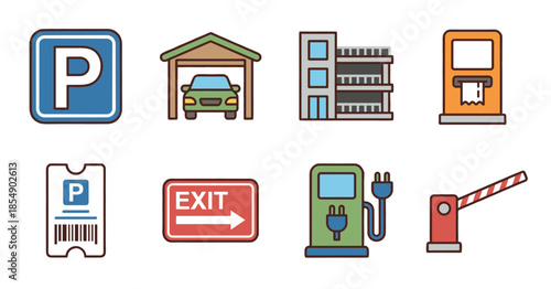Car Parking and Automotive Service Icon Collection with Garage Exit Sign Electric Charging Station and Parking Ticket Elements