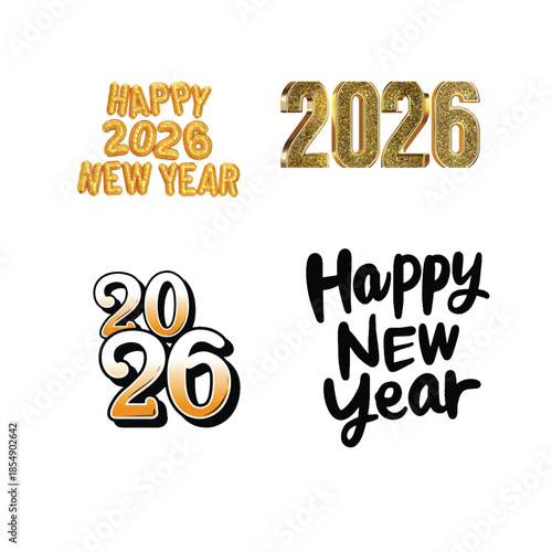 Happy New Year 2026 Colorful and Gold Typography Vector Set
