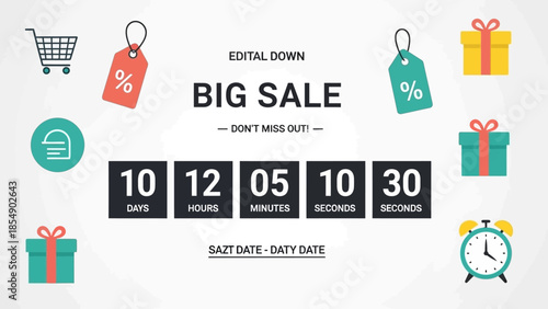 Big Sale Countdown Banner with Digital Timer, Price Tags, Gift Boxes, and Shopping Cart Icons for Limited Time Promotional Event