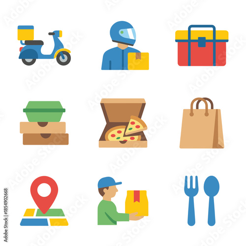 Food Delivery Service and Logistics Icon Set with Courier Scooter Pizza Box and Online Order Tracking for Modern Lifestyle