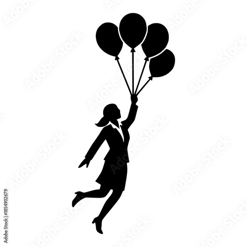 A girl floating in the air holding balloons