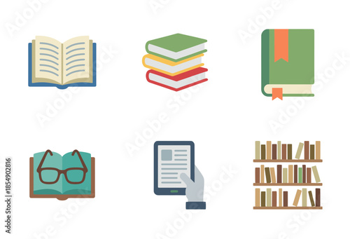 Library and Digital Reading Education Icons Set with Bookshelf Ebook Reader Glasses and Stacks of Academic Textbooks