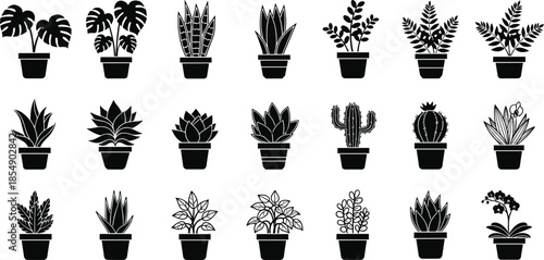 Potted plant silhouettes, houseplant icons, black vector plants, leaf shapes, cactus design, indoor greenery, nature clipart, botanical art, foliage illustration, plant collection