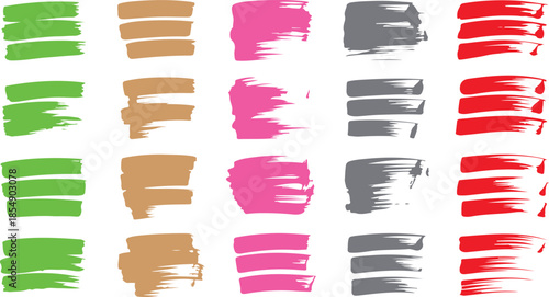 A collection of green, brown, pink, gray, and red hand painted brush strokes on white