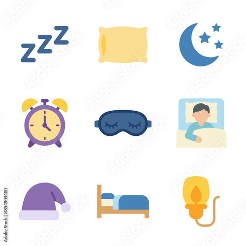 Sleep Hygiene and Bedtime Routine Icons Featuring Bed Pillow Alarm Clock Sleeping Mask Night Sky and Relaxation Symbols for Rest