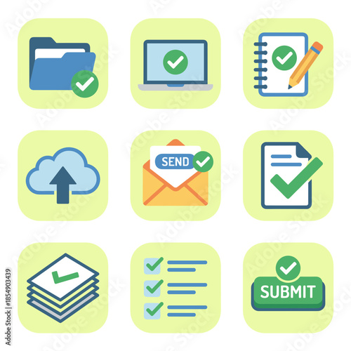 Business Documentation and Workflow Completion Icons with Folder Upload Email Submit Button Checklist and Successful Task Symbols