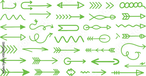 A diverse assortment of hand drawn bright green arrows pointing in various directions and styles on white