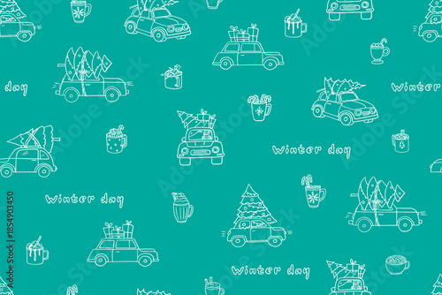 Seamless pattern of  Christmas and New Year elements. Cars with a Christmas tree and gifts on the roof. Mugs with hot chocolate and cocoa.  Hand drawn.	
