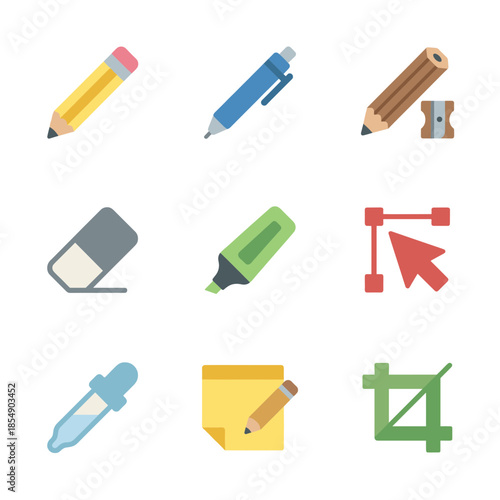 Graphic Design and Art Studio Tools Icons Featuring Pencil Pen Eraser Highlighter Color Picker Crop Tool and Sticky Note Symbols