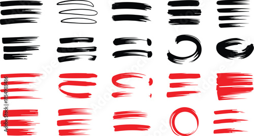 A diverse set of hand drawn black and red ink marks with various underline shapes and messy brush strokes