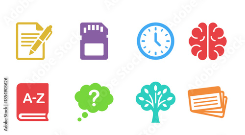 Human memory and knowledge concept icons set for education and brain performance including memory card clock and thought