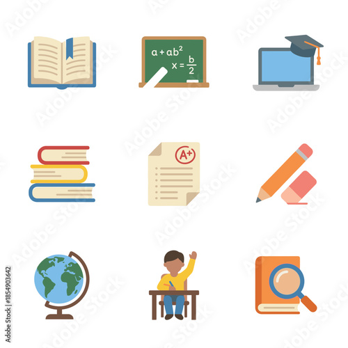 Elementary school education and classroom learning icons set with book blackboard student laptop and academic test results