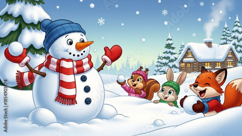Cute snowman with friendly animals playing in the snow winter scene illustration for holiday greeting cards and childrens books