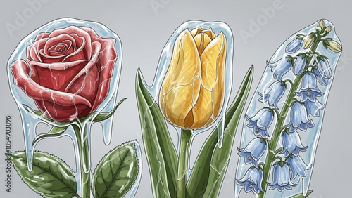 Frozen flowers a rose tulip and bluebells encased in ice symbolizing winters grip on spring beauty