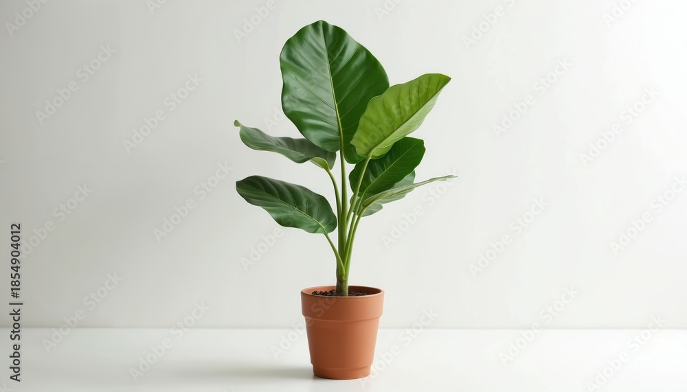 Fototapeta premium Tall green fiddle leaf fig plant in terra cotta pot sits on white surface. Large lush leaves create natural accent for modern interior design. Healthy houseplant adds life and elegance.