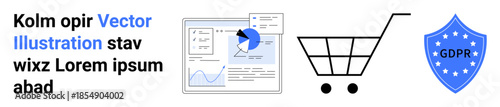 Data privacy, GDPR compliance, online shopping, analytics, internet security, digital trends. Shield with GDPR label, shopping cart and analytics chart. Data privacy and GDPR compliance