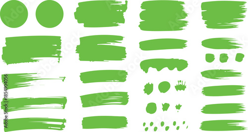 A vibrant collection of hand drawn green paint brush strokes, splatters, and oval shapes on white