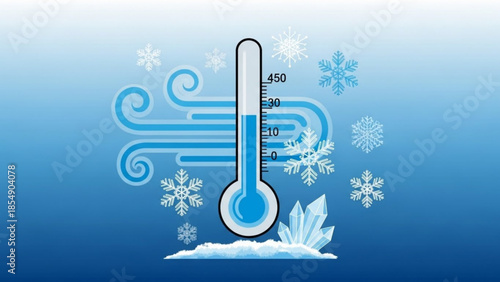 Thermometer and snowflakes with wind cold weather forecast icon vector illustration for winter season and climate concept