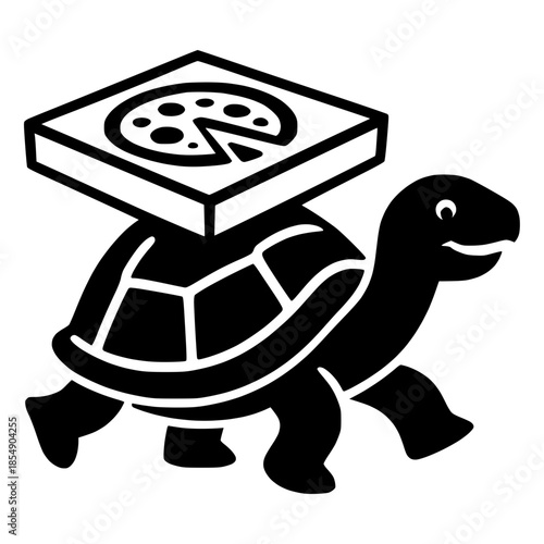 A turtle carrying a pizza box, funny slow delivery concept