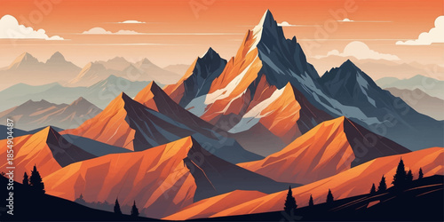 Majestic snow peak landscape at dawn with a red sun rising over misty mountain valleys under a glowing evening sky filled with soft clouds and winter fog during a peaceful travel view in the Alps