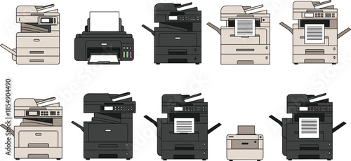 Printer and copier collection, office machines, printing equipment, document feeder, paper tray, control panel, compact printer, black beige models