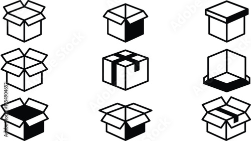 Cardboard Box Icon Set for Packaging, Shipping, and Logistics - Line Art Vector