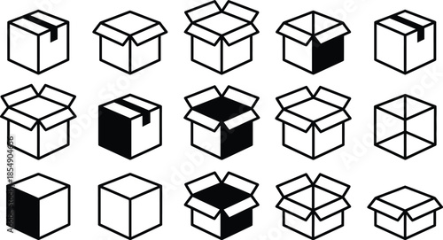 Cardboard Box Icon Set: Open, Closed, and Sealed Shipping Parcels for Delivery and Logistics