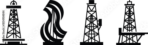 Oil well tower collection of oil drilling extraction silhouettes in black on transparent.