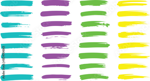 Playful horizontal brush strokes in a cheerful palette of light blue, purple, green, and bright yellow