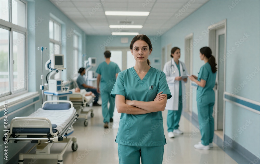 Fototapeta premium Hospital corridor: nurses and doctors in teal scrubs, focused on patient care.