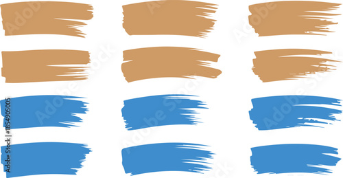Various brown and blue horizontal paint brush strokes showing textured details on a bright white canvas