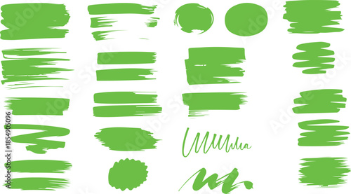 Various green hand painted brush stroke elements including squiggles and textured rectangles for creative designs