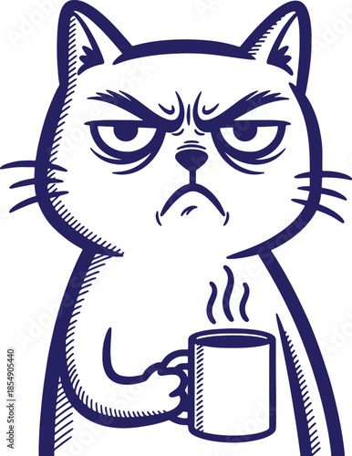 An annoyed cat holding a mug displaying a grumpy expression