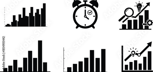 Collection of business graphs and charts with alarm clock