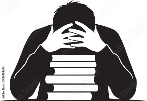 Overwhelmed person sitting with hands on face and stack of books