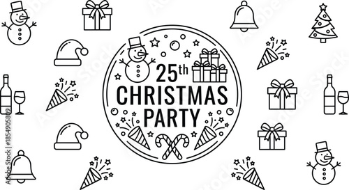 Christmas party decorative elements, twenty fifth anniversary celebration, winter holiday icons set, festive snowman, gift box, santa hat, candy cane, wine glass, vector