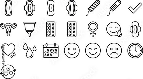 Feminine hygiene line icons, menstruation period symbols, sanitary napkin outline, menstrual cup vector, tampon, birth control pills, female health care, cycle tracker