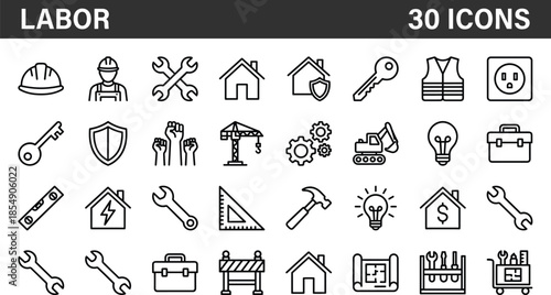 Labor work icons collection, construction tools safety equipment industry symbols, workforce engineering maintenance repair services outline vector illustrationv