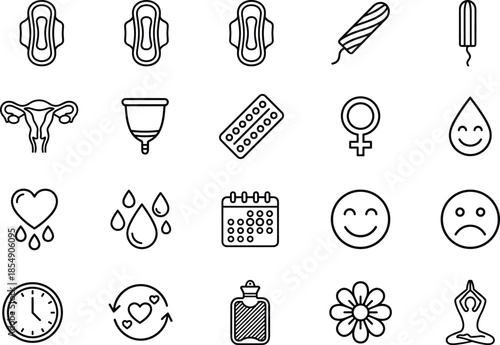 Menstruation line icons set, feminine hygiene symbols, sanitary pad vector, tampon outline, menstrual cup, uterus anatomy, period cycle calendar, female health care
