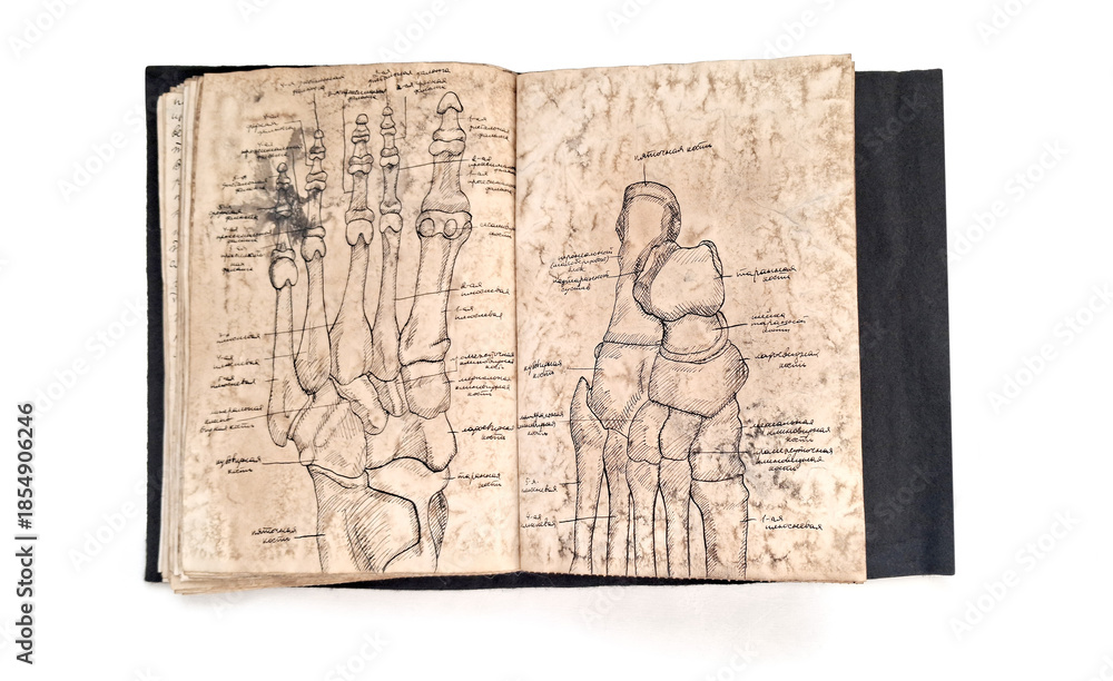 Fototapeta premium Vintage anatomical illustration of human foot and toes in antique medical book