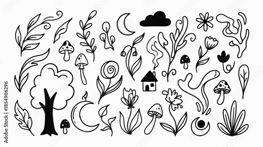 Fototapeta premium Whimsical Doodle Elements Nature, Moon, and Mushrooms - Hand-Drawn Vector Illustrations